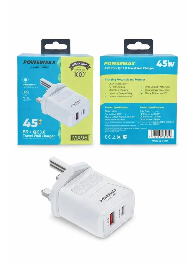 PowerMax MX96 45W Travel Wall Charger - Dual Port (USB-C PD + USB-A QC3.0) Fast Charging Adapter with Smart Technology - White - Image 1