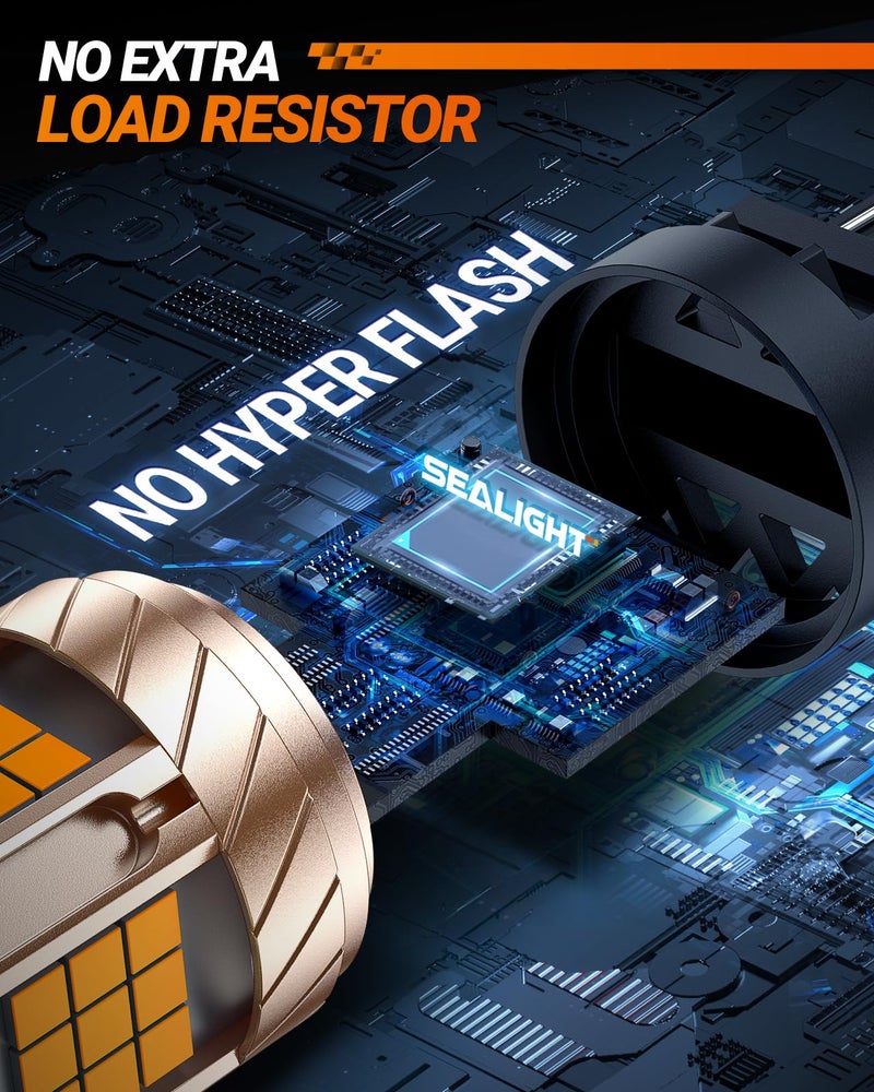 SEALIGHT 3157 LED Bulbs - 3157 LED Turn Signal Bulbs Anti Hyper Flash With Turbo Fan - 2700K Amber Yellow Bulb - Replacement for Front Rear Turn Signal Tail Blinker Light - Plug N Play - 2PCS - Image 2