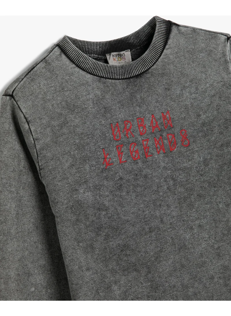 KOTON Sweat Long Sleeve Crew Neck Slogan Printed Raised Cotton