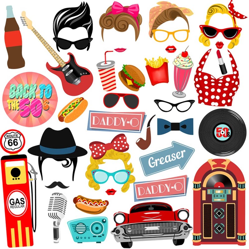 Tvorvik 50s Photo Booth Props  41pc Photo Booth Kit with 8 x 10Inch Sign 60 Adhesive Pads 45 Sticks  Sock Hop Party Decorations  Fifties Theme Photo Booth Props 