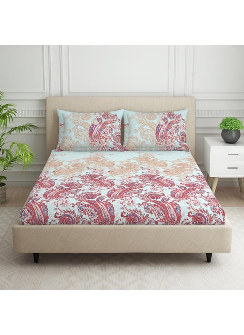 SPACES 100% Cotton Double Bedsheet with 2 Pillow Covers (Size 108 x 108 inch) | 144 TC Bed Sheet for Double Bed | Breathable Pure Cotton King Size Bedsheet | FLAMBOYANCE | Ornate Light Blue