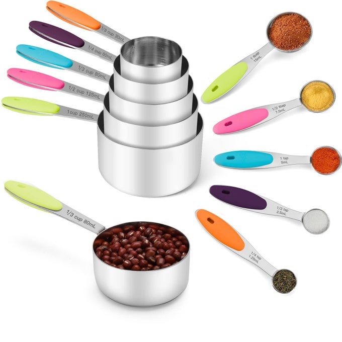 STAINLESS STEEL MEASURING CUPS AND SPOONS SET OF 10 PIECE NESTING METAL MEASURING CUPS SET WITH SOFT TOUCH SILICONE HANDLES FOR DRY AND LIQUID INGREDIENTS COOKING BAKING PINK
