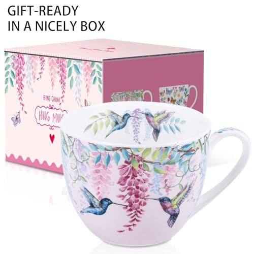 MFoffice Spring Hummingbird Hug Mug - 20oz Pink Bone China Coffee Tea Mug with Floral Vine & Fluttering Hummingbirds, Thoughtful Gifts for Mom Women Mothers Day, Designed in England by Harvest Green Studio - Image 3
