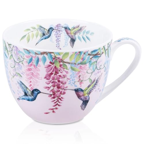 MFoffice Spring Hummingbird Hug Mug - 20oz Pink Bone China Coffee Tea Mug with Floral Vine & Fluttering Hummingbirds, Thoughtful Gifts for Mom Women Mothers Day, Designed in England by Harvest Green Studio - Image 1