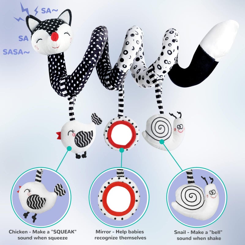 XIXILAND Euyecety Baby Spiral Plush Toys, Black White Stroller Toy Stretch & Spiral Activity Toy Car Seat Toys, Hanging Rattle Toys for Crib Mobile, Newborn Sensory Toy Best Gift for 0 3 6 9 12 Months Baby-Fox - Image 2