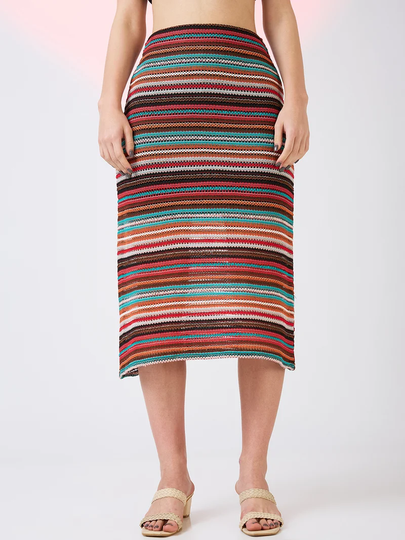 globus Globus Women Colour Stripes Pattern Crochet Mid Rise Straight Midi Skirt