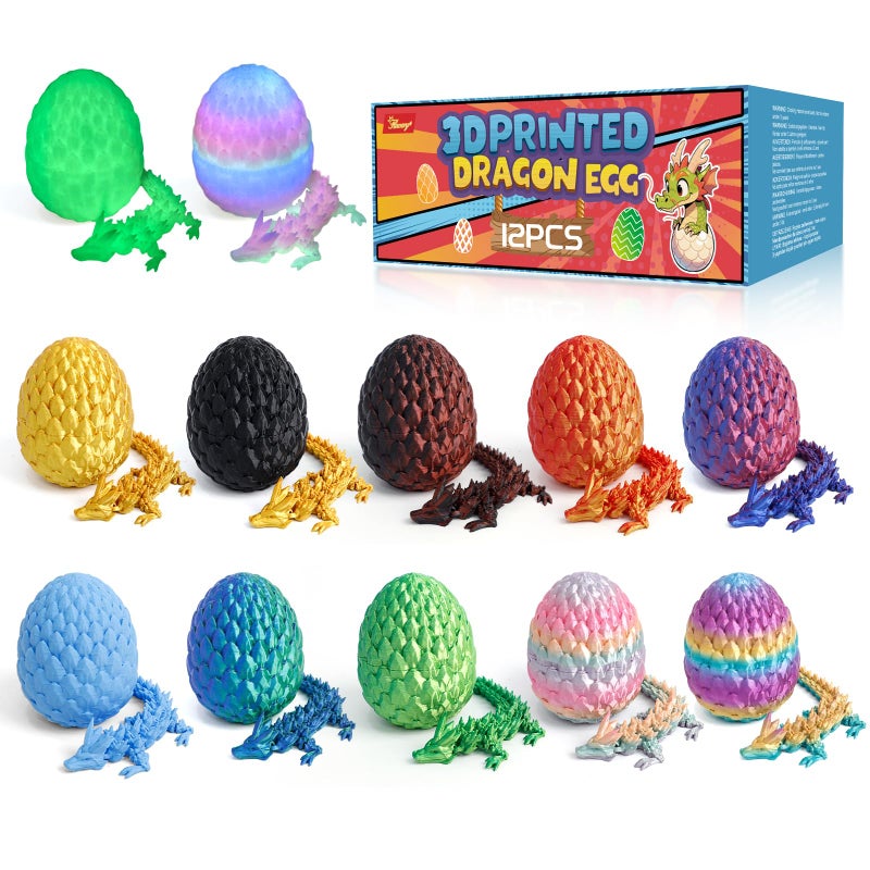 Flavery 12 Pack 3D Printed Dragon Easter Basket Stuffers Mini Gemstone Egg with Flexible Crystal Dragon Inside Cute Fidget Toy Christmas Birthday Gift Desk Pet Figure - Image 3