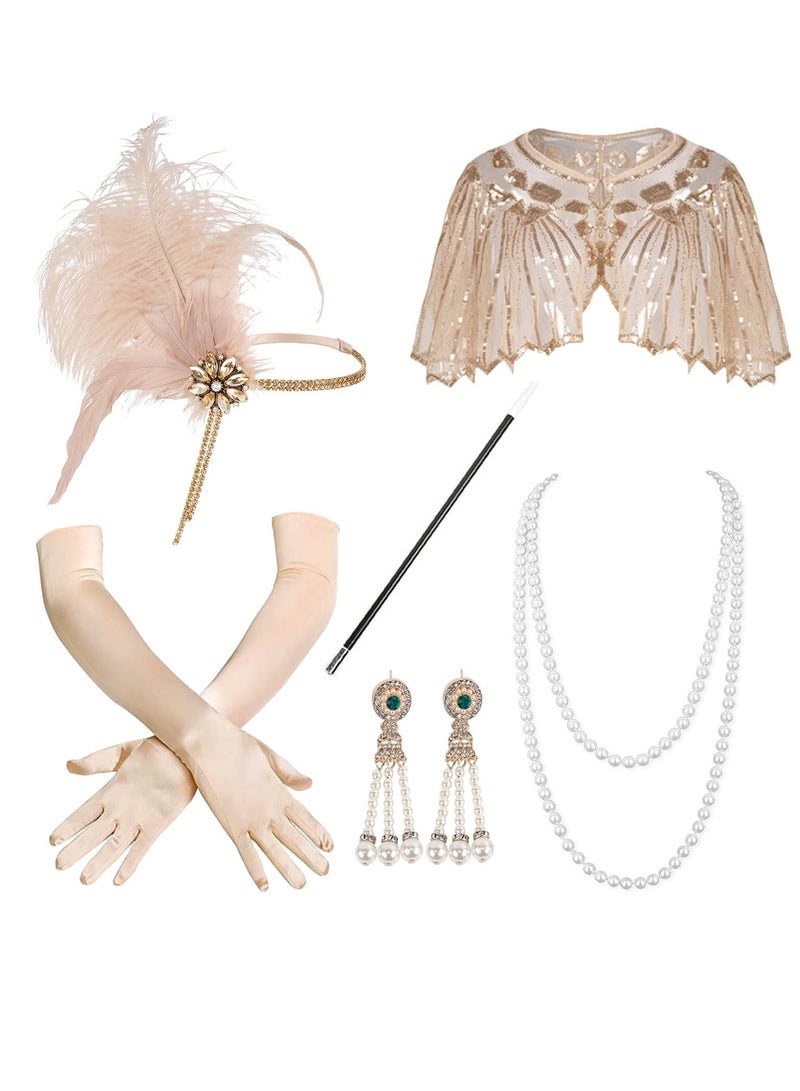 SYOSI 1920s Accessories Flapper Gatsby Costume Women Set 20s Flapper Headband Pearl Necklace Gloves Lace Fan Holder, Wood  - Image 1
