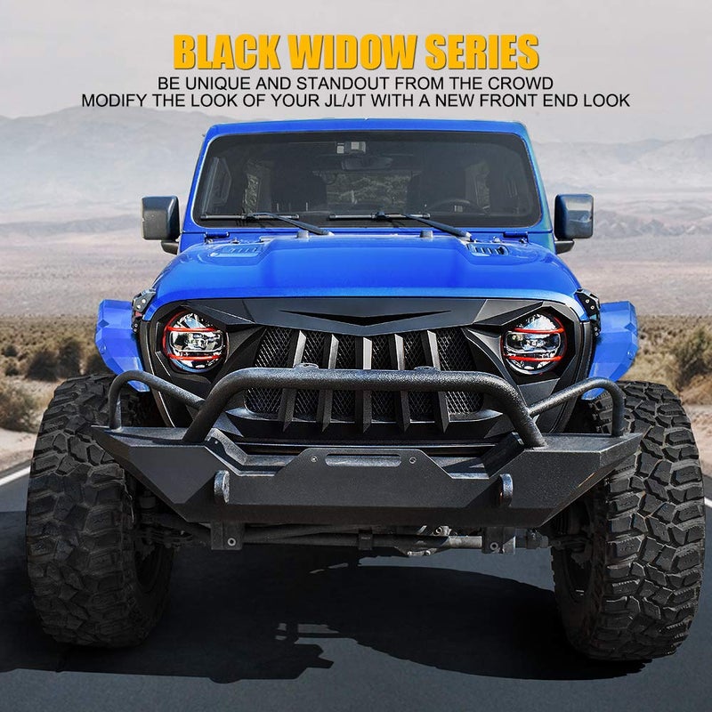 Xprite Matte Black Front Grille Grid Grill w/Mesh Compatible with 2018-2024 Jeep Wrangler JL&2020+ Gladiator JT - Black Widow Series - Image 2