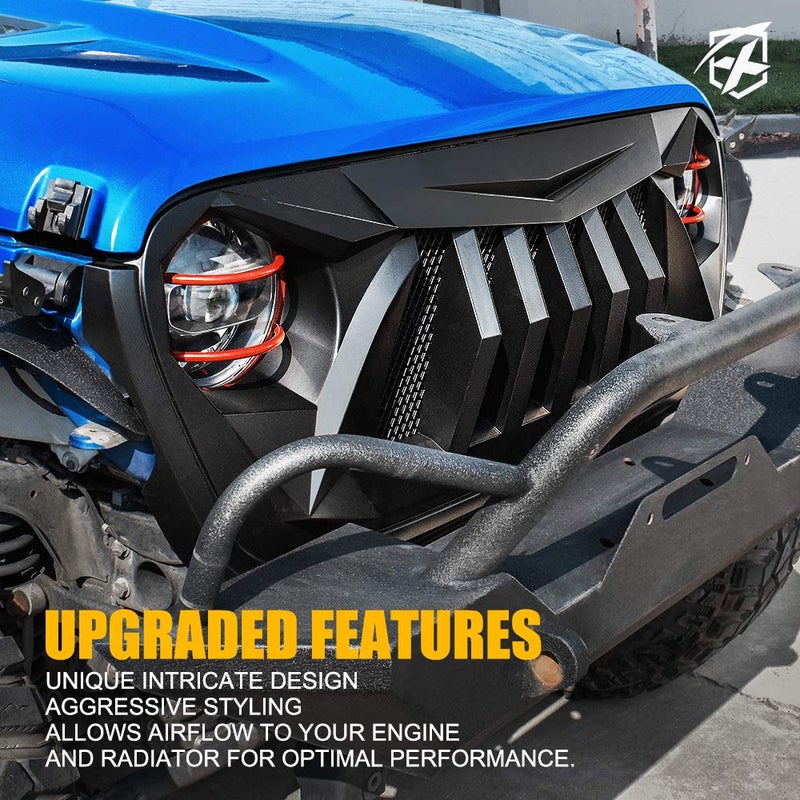 Xprite Matte Black Front Grille Grid Grill w/Mesh Compatible with 2018-2024 Jeep Wrangler JL&2020+ Gladiator JT - Black Widow Series - Image 5
