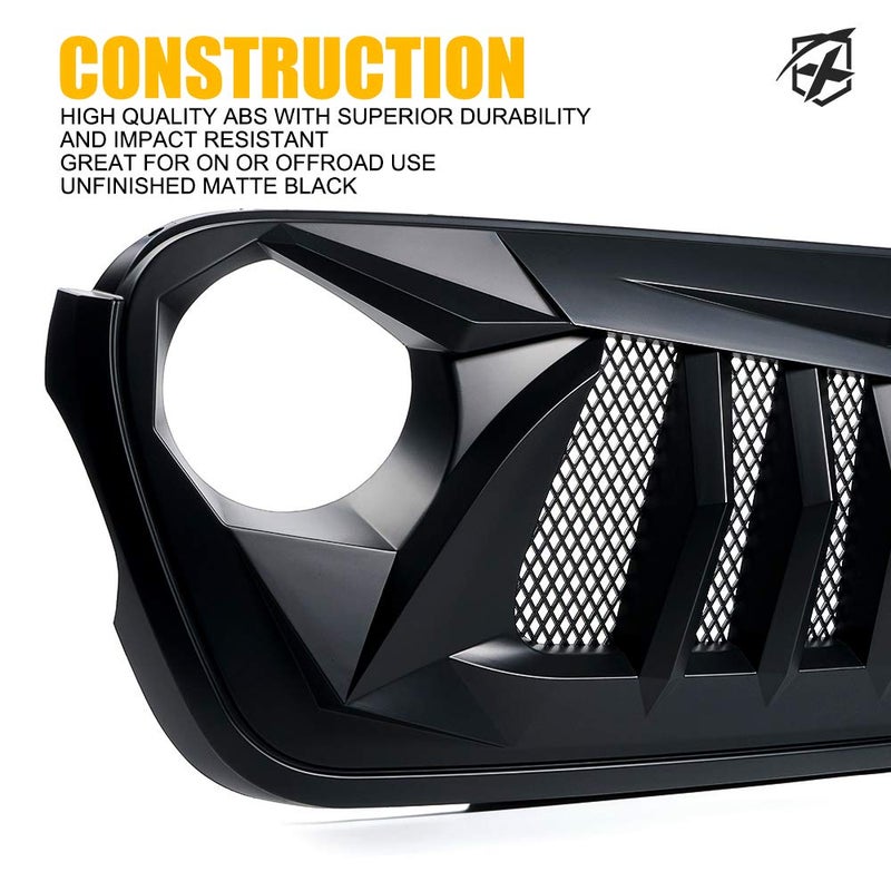 Xprite Matte Black Front Grille Grid Grill w/Mesh Compatible with 2018-2024 Jeep Wrangler JL&2020+ Gladiator JT - Black Widow Series - Image 3