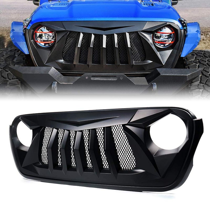 Xprite Matte Black Front Grille Grid Grill w/Mesh Compatible with 2018-2024 Jeep Wrangler JL&2020+ Gladiator JT - Black Widow Series - Image 1