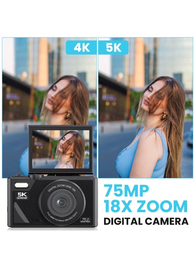 Generic Digital Camera, 5K Point and Shoot Digital Cameras with 128GB SD Card, 75MP Digital Camera for Photography and Video, Vlogging Camera with 3'' Flip Screen, 18X Digital Zoom Cameras Digital for Kids Boys Girls - Image 2
