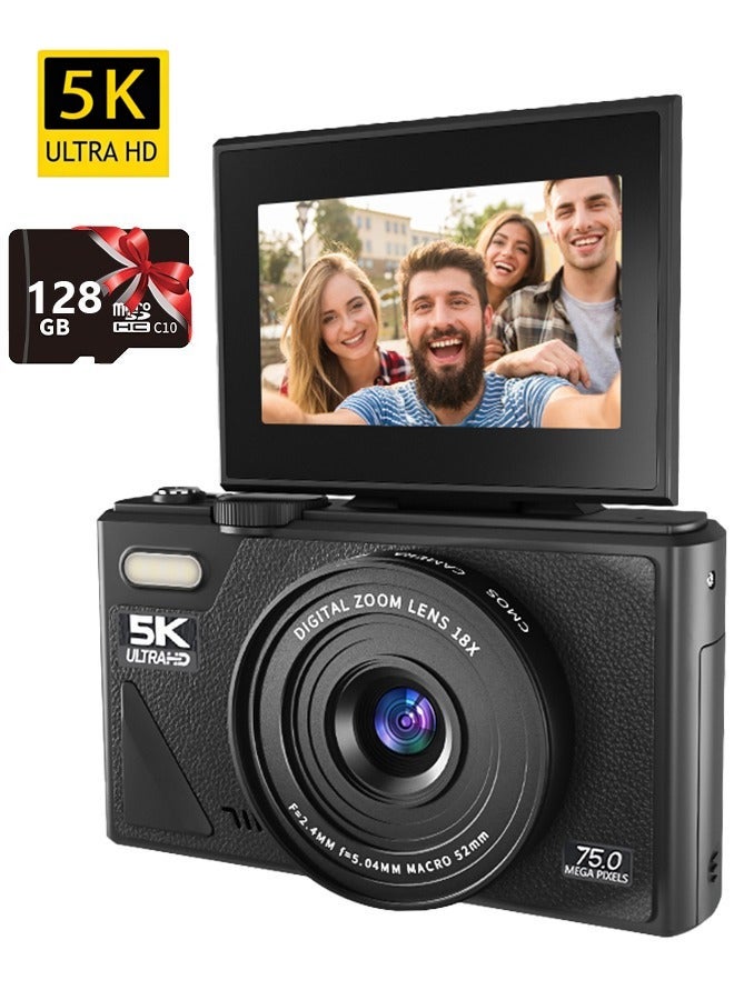 Generic Digital Camera, 5K Point and Shoot Digital Cameras with 128GB SD Card, 75MP Digital Camera for Photography and Video, Vlogging Camera with 3'' Flip Screen, 18X Digital Zoom Cameras Digital for Kids Boys Girls - Image 1