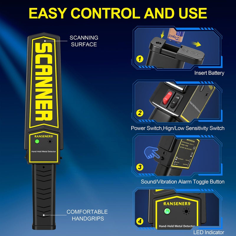 R RANSENERS RANSENERS Handheld Metal Detector Wand,Security Wand,Portable Adjustable Sound & Vibration Alerts, Detect All Metal Products (Not Include Battery) - Image 4