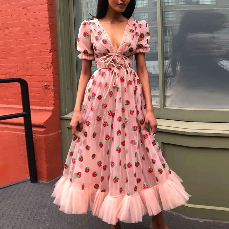 French Strawberry Sequin Mesh Tie Dress with Ruffles - Image 2