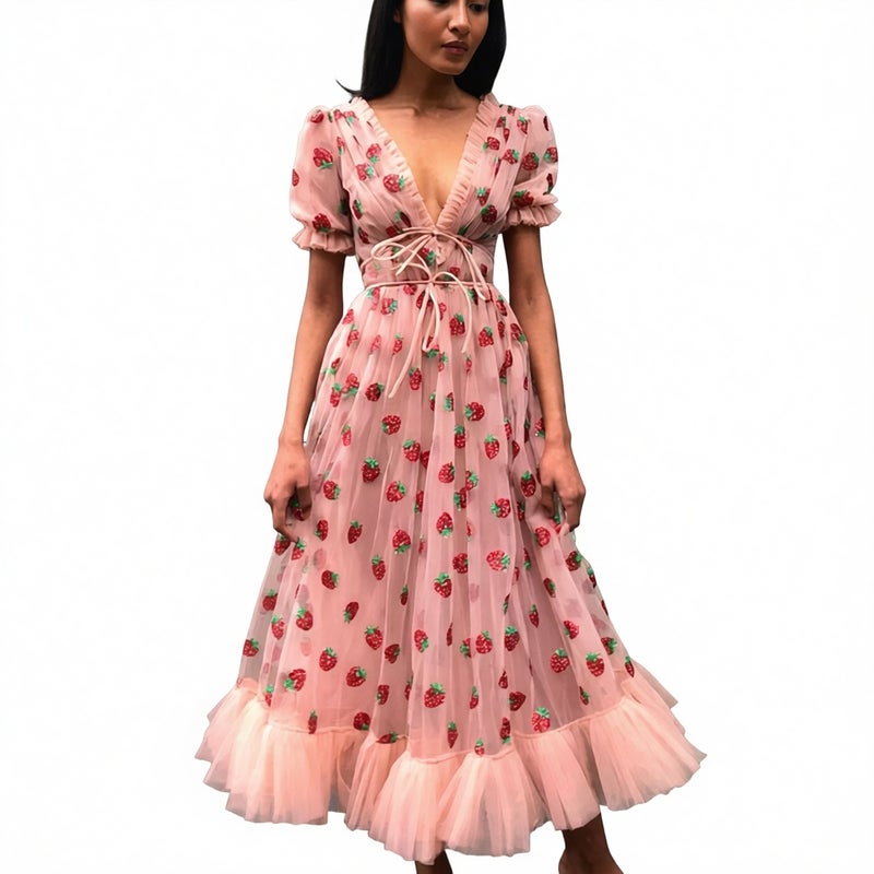 French Strawberry Sequin Mesh Tie Dress with Ruffles - Image 1