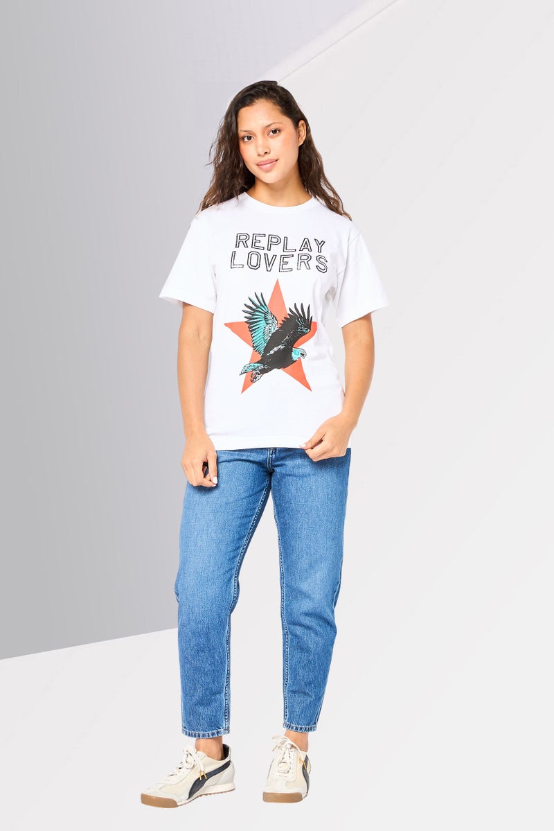 Replay Women Crew Neck Short Sleeves Brand Logo T-Shirt, White - Image 2