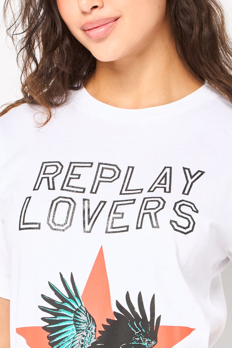 Replay Women Crew Neck Short Sleeves Brand Logo T-Shirt, White - Image 3