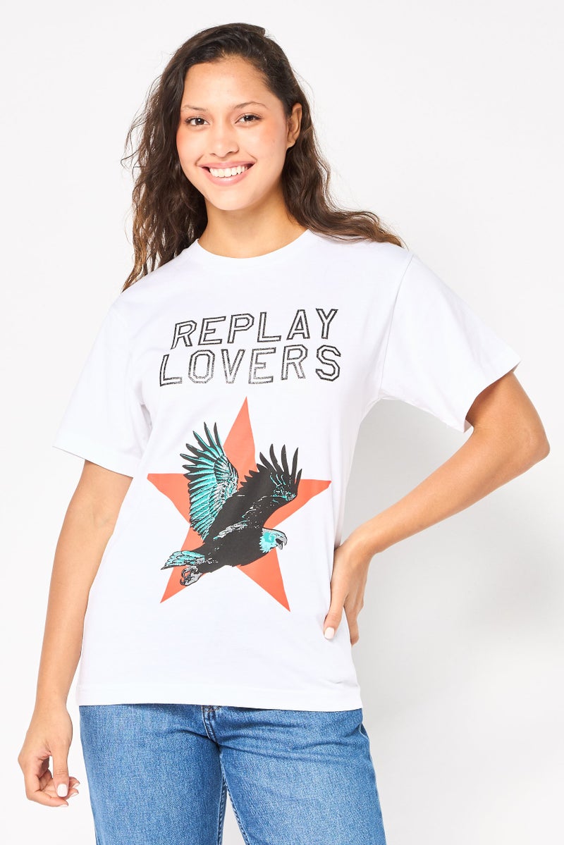 Replay Women Crew Neck Short Sleeves Brand Logo T-Shirt, White - Image 1