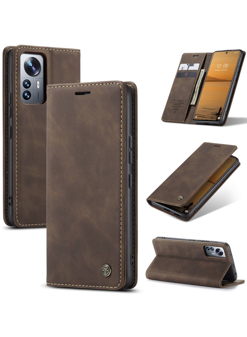 CaseMe Xiaomi Mi 12 Lite Case Wallet Case Book Folding Flip Folio Case with Magnetic Kickstand Card Slots Protective Cover - Coffee