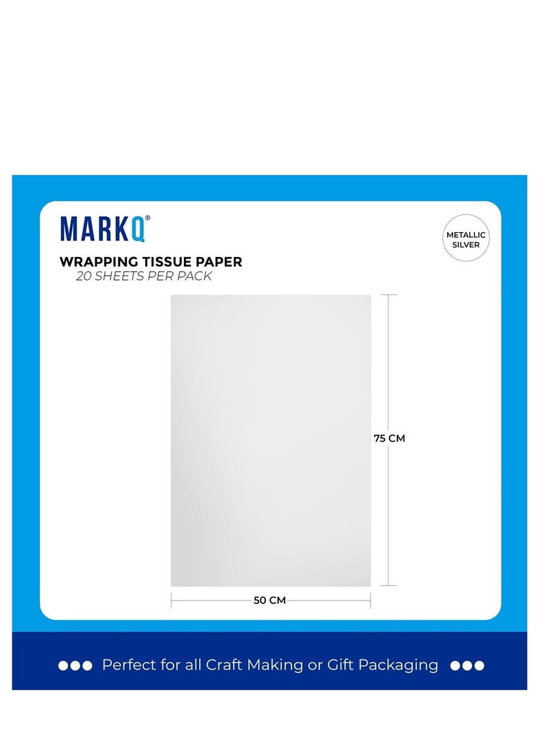 MARKQ Silver Gift Wrapping Tissue Paper Sheets for DIY Crafts, Gift Bags, Holidays, Birthdays, 50 x 75 cm (20 Sheets) - Image 2