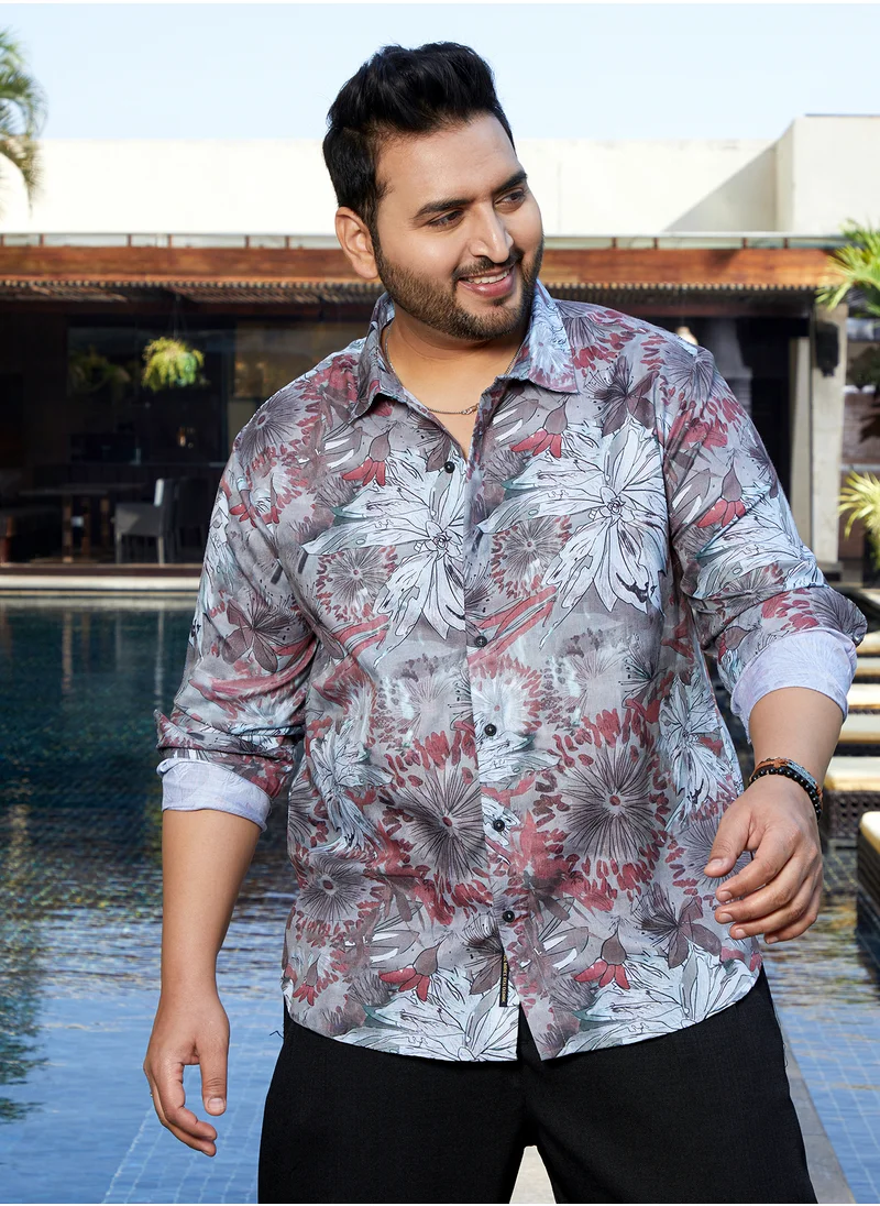 Instafab Plus Instafab Plus Men's Rhythm Grey Stained-Botanics Shirt For Casual Wear | Spread Collar | Long Regular Sleeves | Button Closure | Plus Size Shirt Crafted With Comfort Fit For Everyday Wear
