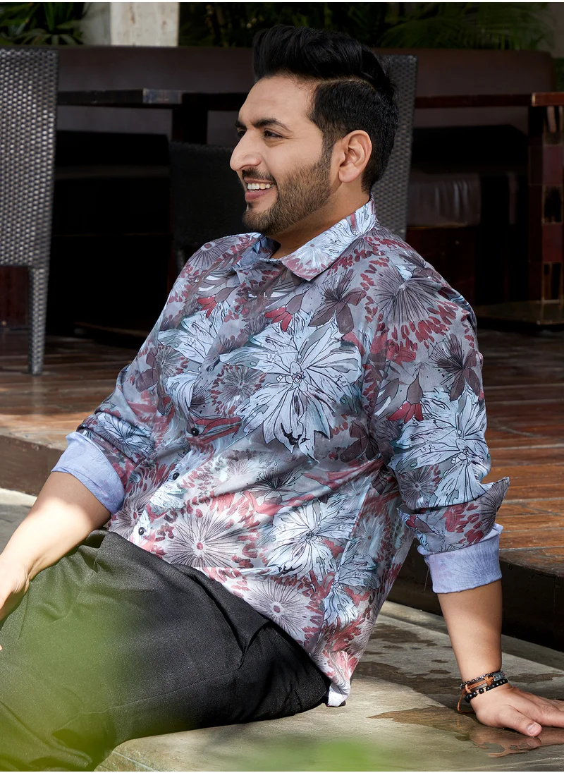 Instafab Plus Instafab Plus Men's Rhythm Grey Stained-Botanics Shirt For Casual Wear | Spread Collar | Long Regular Sleeves | Button Closure | Plus Size Shirt Crafted With Comfort Fit For Everyday Wear