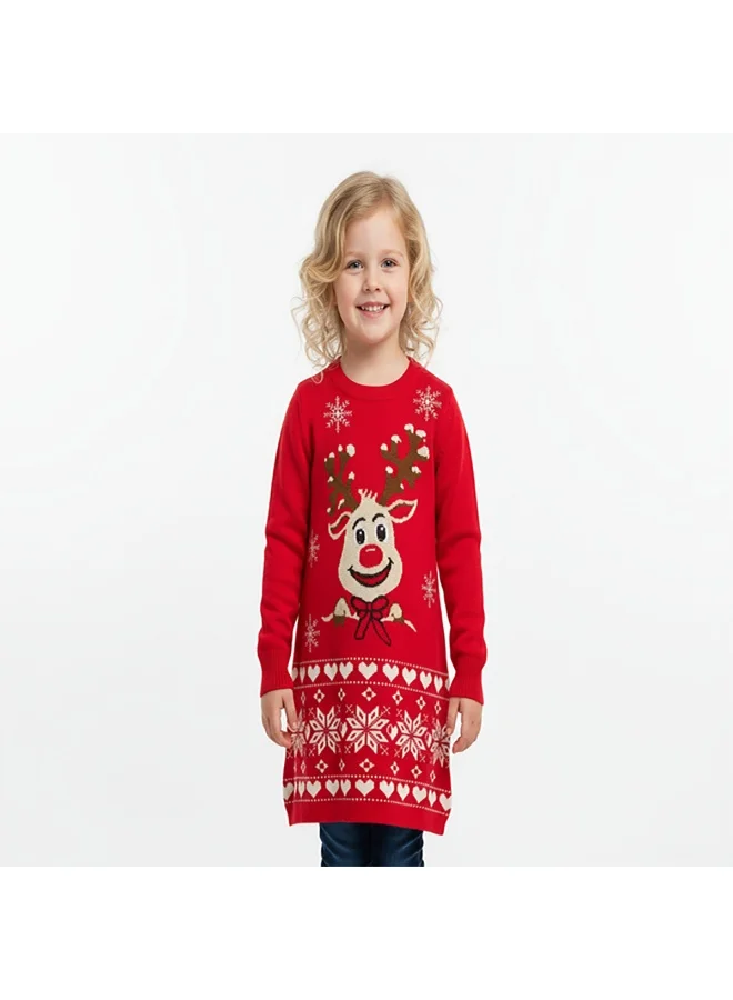 babyqlo Red Reindeer Pattern Christmas Sweater Dress