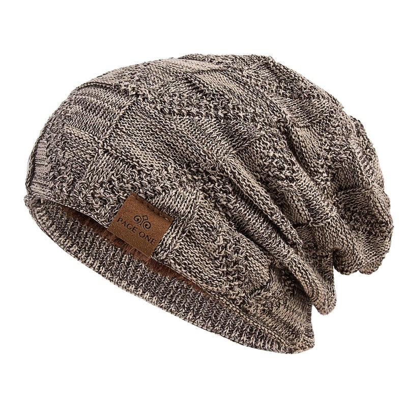 PAGE ONE Mens Winter Slouchy Beanie Warm Fleece Lined Skull Cap Baggy Cable Knit Hat Khaki - Image 1