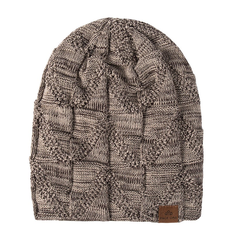 PAGE ONE Mens Winter Slouchy Beanie Warm Fleece Lined Skull Cap Baggy Cable Knit Hat Khaki - Image 3