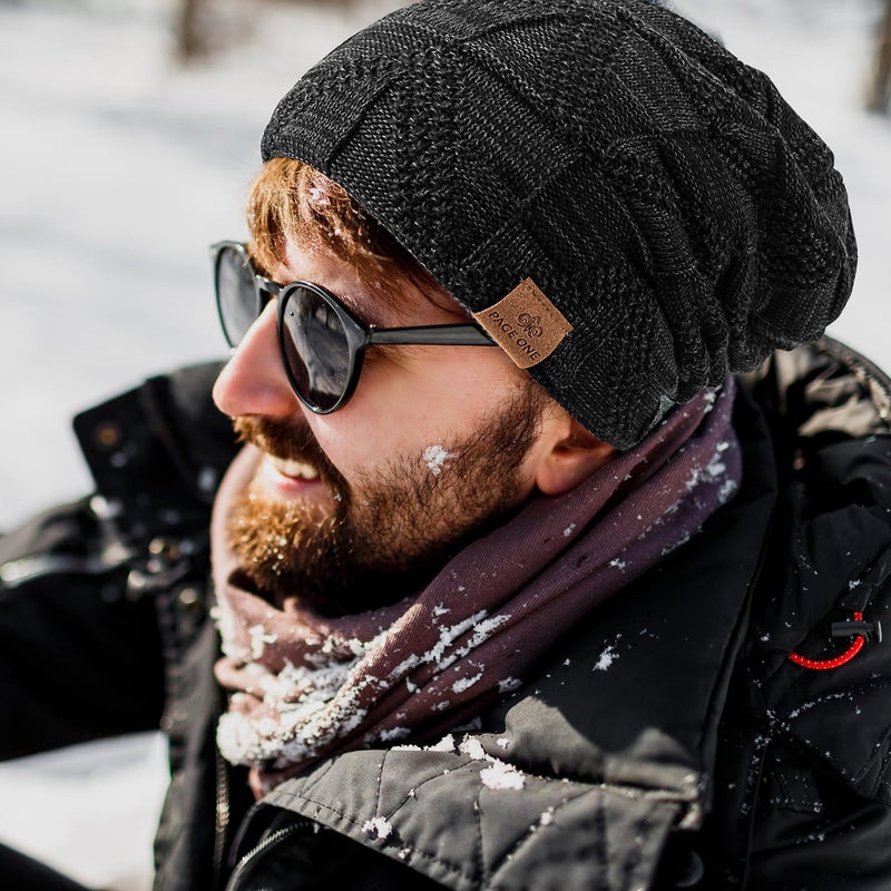 PAGE ONE Mens Winter Slouchy Beanie Warm Fleece Lined Skull Cap Baggy Cable Knit Hat Khaki - Image 5