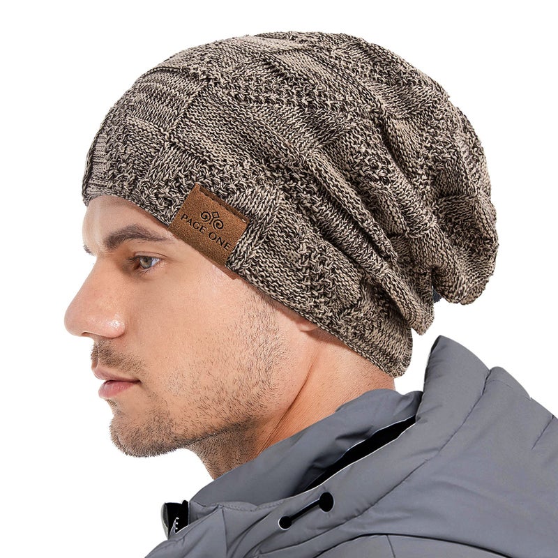 PAGE ONE Mens Winter Slouchy Beanie Warm Fleece Lined Skull Cap Baggy Cable Knit Hat Khaki - Image 2