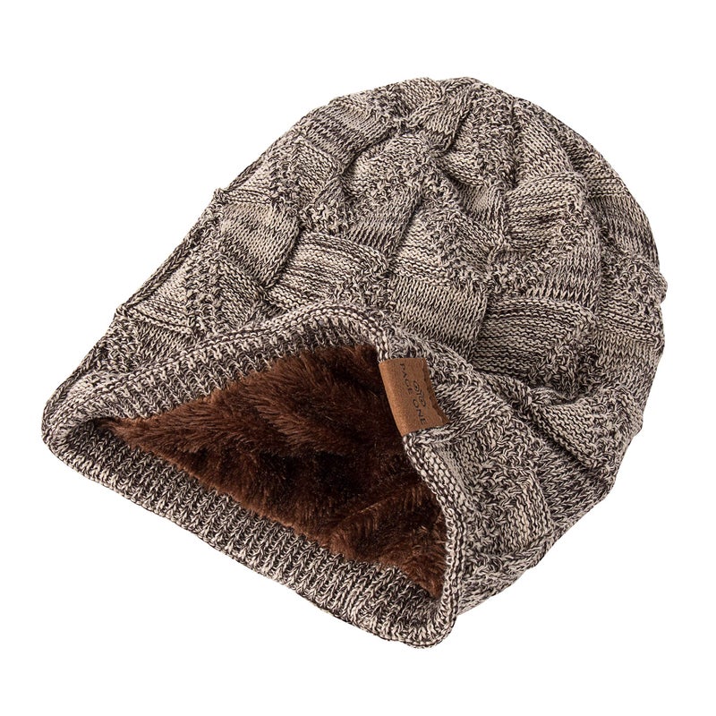 PAGE ONE Mens Winter Slouchy Beanie Warm Fleece Lined Skull Cap Baggy Cable Knit Hat Khaki - Image 4