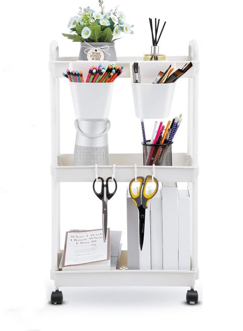 3-Tier Rolling Cart,Plastic Rolling Utility Cart with Wheels,Detachable Rolling Storage Cart Organizer,Easy Assemble Storage Trolley for Kitchen,Bathroom,Living Room,Office (White)