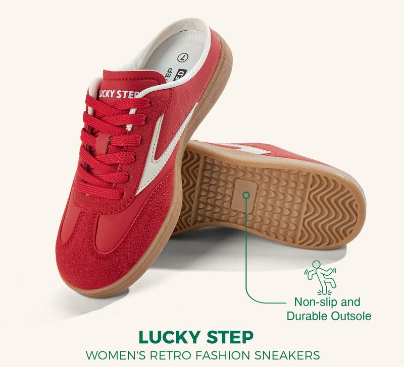 LUCKY STEP Womenâ€™s Slip On Mules Sneakers Fashion Backless Walking Shoes Non Slip Retro Casual Open Back Shoe(8 M US Red) - Image 4