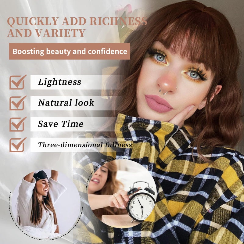 Lativ Reddish Brown Wig with Bangs Short Wavy Wigs for Women Shoulder Length Curly Bob Wigs Heat Resistant Synthetic Wigs for Halloween Cosplay Daily Party Use 14 Inches - Image 4