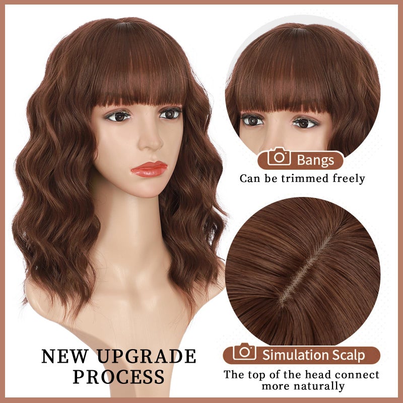 Lativ Reddish Brown Wig with Bangs Short Wavy Wigs for Women Shoulder Length Curly Bob Wigs Heat Resistant Synthetic Wigs for Halloween Cosplay Daily Party Use 14 Inches - Image 2