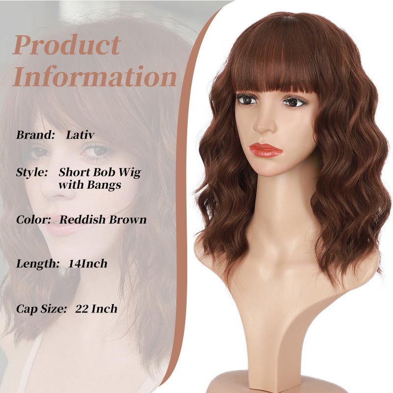 Lativ Reddish Brown Wig with Bangs Short Wavy Wigs for Women Shoulder Length Curly Bob Wigs Heat Resistant Synthetic Wigs for Halloween Cosplay Daily Party Use 14 Inches - Image 3