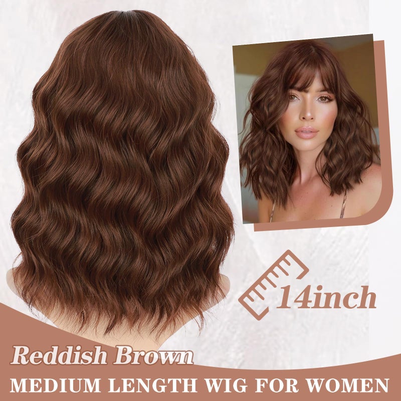 Lativ Reddish Brown Wig with Bangs Short Wavy Wigs for Women Shoulder Length Curly Bob Wigs Heat Resistant Synthetic Wigs for Halloween Cosplay Daily Party Use 14 Inches - Image 5