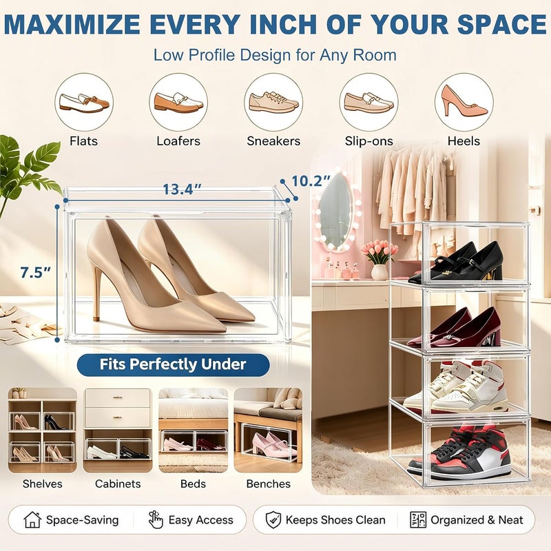 DAYOOH 2 Pack Low Profile Clear Shoe Storage Box for Flats,Loafers,Heels | Space-saving design fits under shelves and cabinets.Perfect for flats, loafers and everyday footwear.Fit up to size 12 or 13 - Image 2