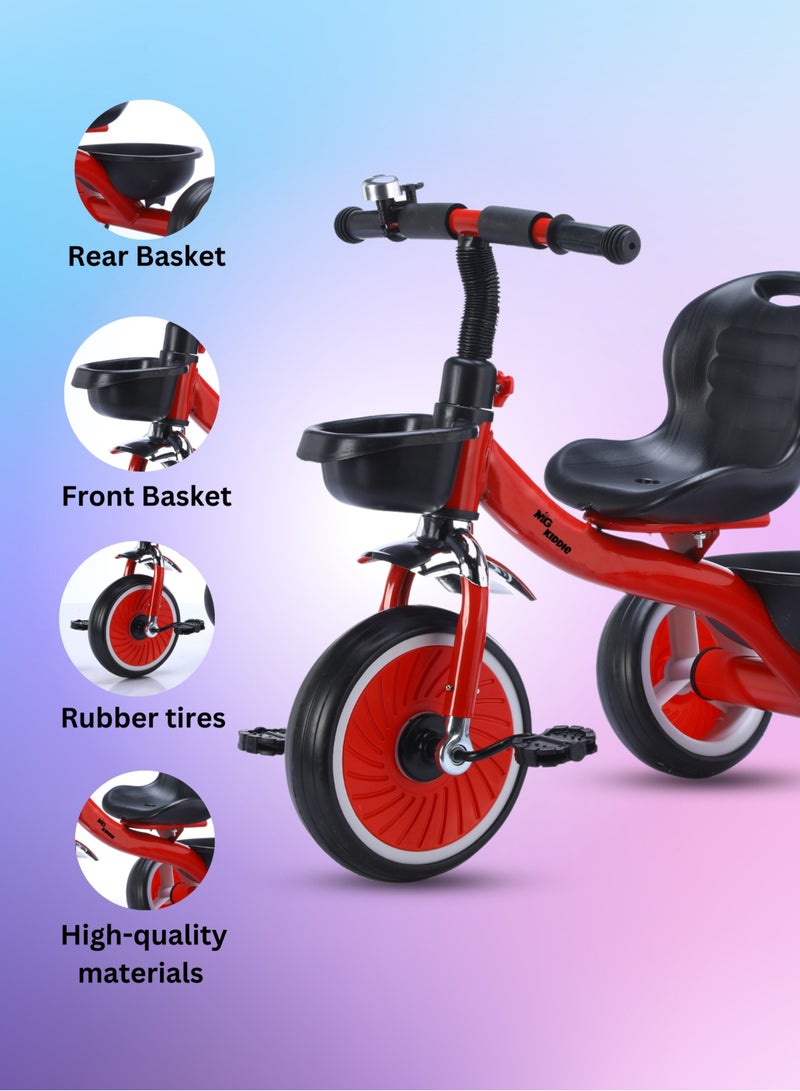 Tricycle for Kids with a Front and Rear Basket, Bell and Color Wheels for Boys and Girls for Age 2 to 6 Years  Baby Tricycle, Red