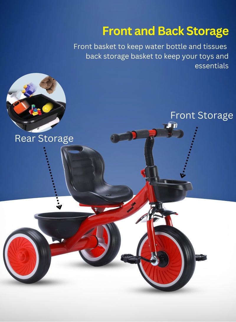 Tricycle for Kids with a Front and Rear Basket, Bell and Color Wheels for Boys and Girls for Age 2 to 6 Years  Baby Tricycle, Red