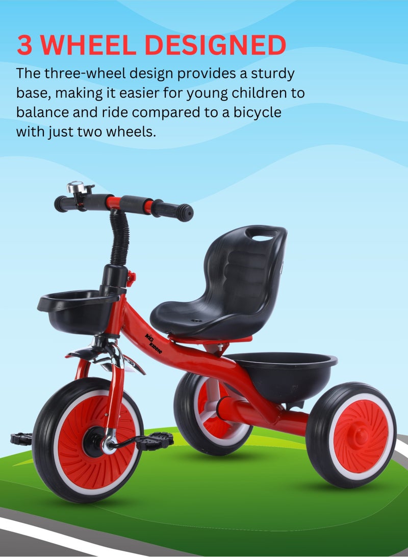 Tricycle for Kids with a Front and Rear Basket, Bell and Color Wheels for Boys and Girls for Age 2 to 6 Years  Baby Tricycle, Red