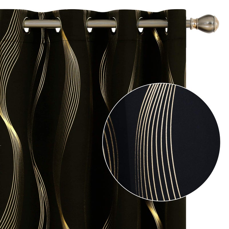 Deconovo Black Blackout Curtains  Thermal Insulated Striped Golden Foil Print Window Curtains for Bedroom  2 Panels  52x45 Inch - Image 1