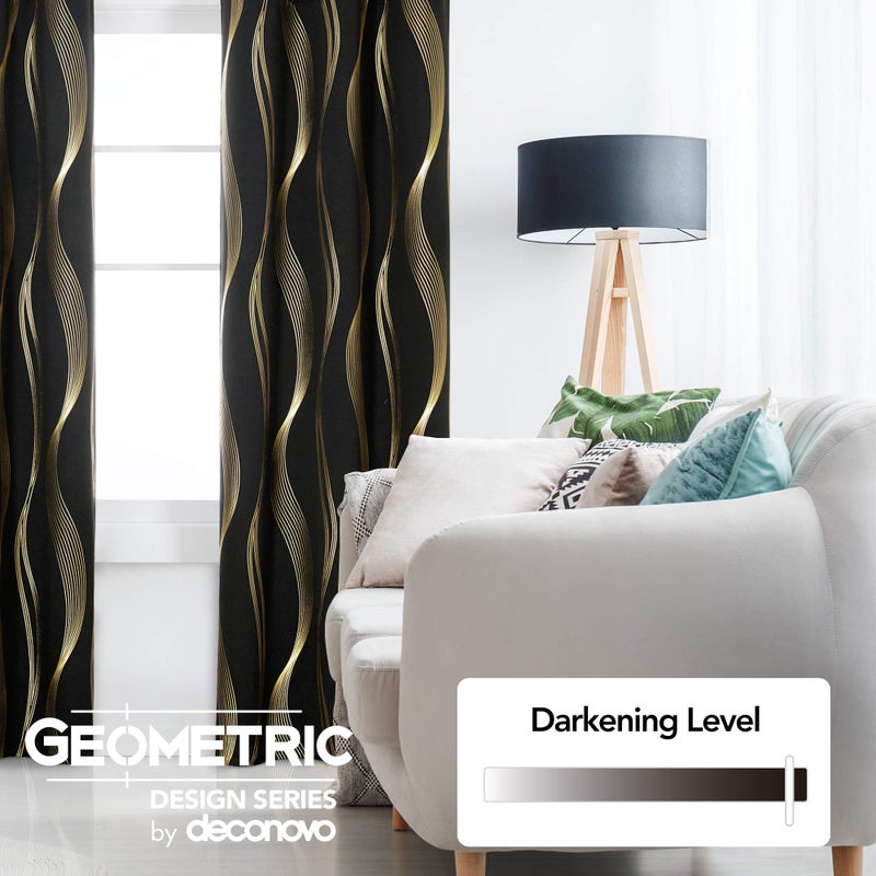 Deconovo Black Blackout Curtains  Thermal Insulated Striped Golden Foil Print Window Curtains for Bedroom  2 Panels  52x45 Inch - Image 3