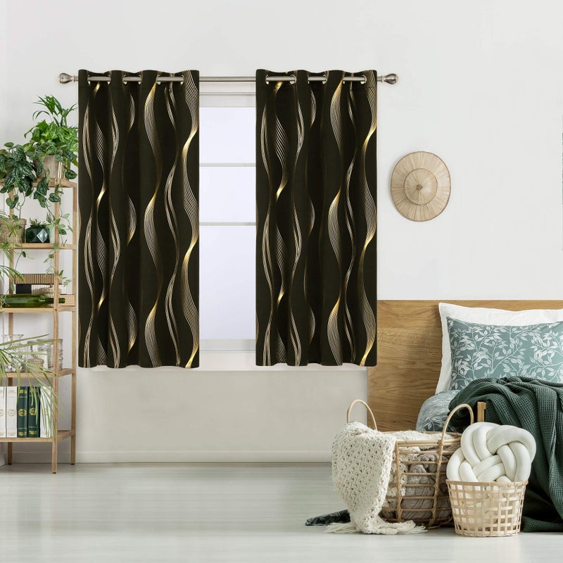 Deconovo Black Blackout Curtains  Thermal Insulated Striped Golden Foil Print Window Curtains for Bedroom  2 Panels  52x45 Inch - Image 2