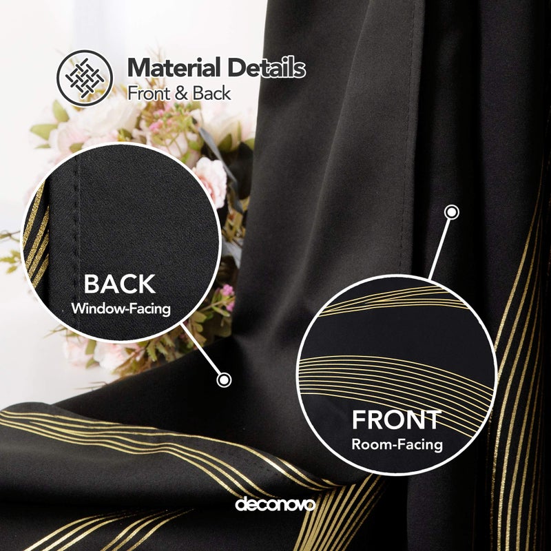 Deconovo Black Blackout Curtains  Thermal Insulated Striped Golden Foil Print Window Curtains for Bedroom  2 Panels  52x45 Inch - Image 5