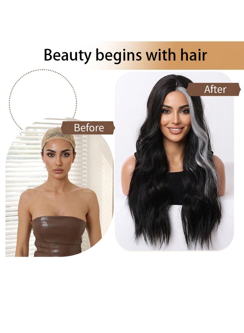 زوريا شعر مستعار طويل مموج بطول 26 بوصة للنساء، أسود مع خصلات بلاتينية، شعر صناعي، فرق في المنتصف، غير لامع، مقاوم للحرارة، مع شبكة وردية مسامية للارتداء اليومي والتنكر (65 سم). - Image 2