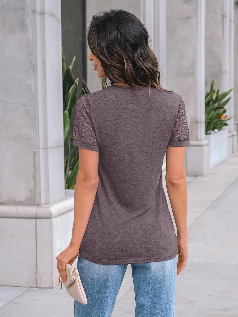 AUTOMET Short Sleeve Shirts for Women Summer Tops 2026 Spring Fashion Dressy Casual Outfits Lace Trendy Top Cute Work T Shirt Business Vacation Clothes Blouses Rose Taupe XL - Image 4
